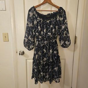 Ryan Michelle Off Shoulder Floral Blue White Drawstring Waist Dress Sz Medium
